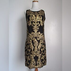 Vintage Modern Black and Golden Metallic Gold Sequin Embellished Shift Dress XS